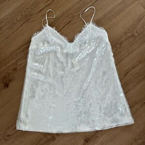 Retrofete Olive Sequin Lace V-Neck Mini Slip Dress - White